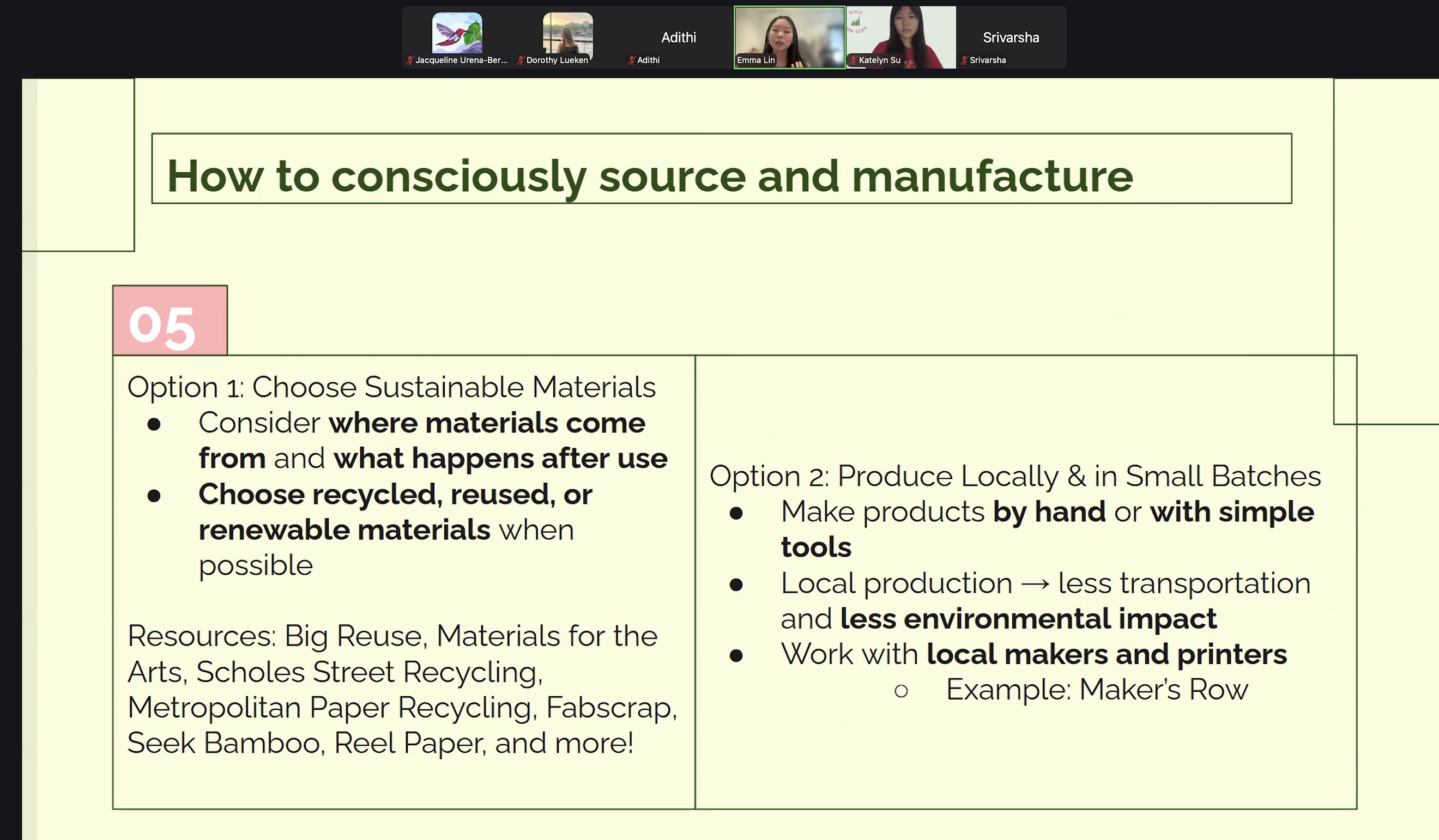 Girls for Economics workshop slide about responsible sourcing and manufacturing